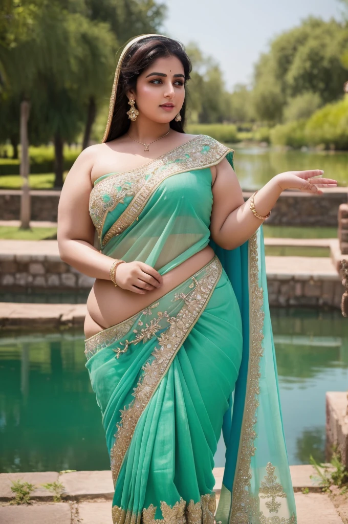 1 Heavenly beautiful and goddess beauty cute and sweet looking face Arabian woman in front of village pond, Heavenly beautiful Overweight, Heavenly beautiful Extremely fat, Heavenly beautiful and attractive Chubby figure , Heavenly beautiful looking and eye catching luxury style saree , reaching out, Heavenly beautiful Arabian woman, 16k, High resolution, masterpiece, highest quality, fine skin, close up figure view, Realistic Photograph