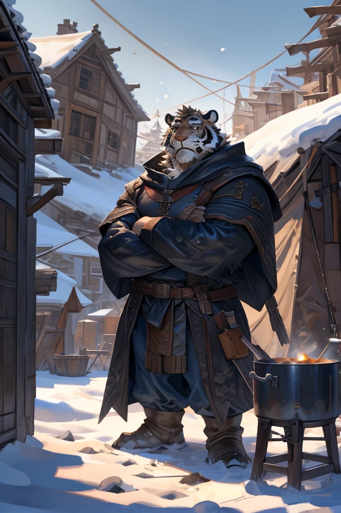 By Taran Fiddler, One man, furry, anthropomorphic snow tiger, mature male, dilf, older male, muscular, handsome face, white and black fur, stern face, medieval clothing, wearing light brown cloak, wearing satchel, standing up, arms crossed, cooking pot nearby, snow background, tent settlement background, silhouettes in background