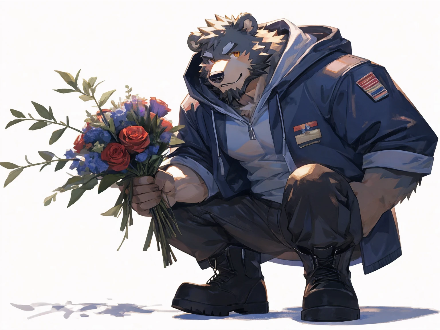 (masterpiece:1.2), best quality,pixiv,official art,perfect anatomy, (Ray tracing, light),solo, (1_male:1.3) , (muscle), (grey fur:1.4), (muscle bear), (beard:1.2), (gleaming golden eyes), bear tail, Thick black eyebrows, (open hooded parka) , (naked inside:1.2), cargo pants, (boots:1.2), (white background:1.3) , (wearing ring on finger: 1.3), (holding many bouquet:1.3)