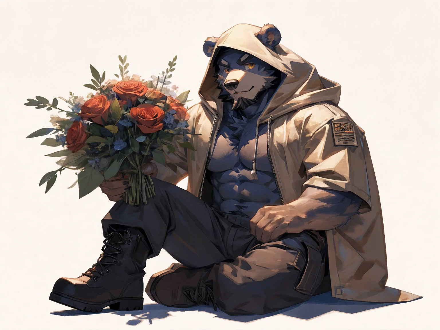 (masterpiece:1.2), best quality,pixiv,official art,perfect anatomy, (Ray tracing, light),solo, (1_male:1.3) , (muscle), (grey fur:1.4), (muscle bear), (beard:1.2), (gleaming golden eyes), bear tail, Thick black eyebrows, (open hooded parka) , (naked inside:1.2), cargo pants, (boots:1.2), (white background:1.3) , （wearing ring on finger: 1.3）, (holding many bouquet：1.3)