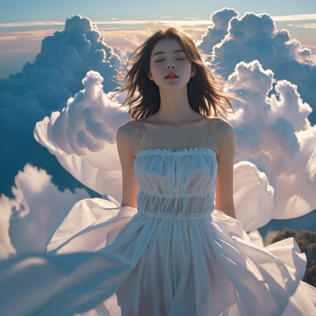 best quality, masterpiece, illustration, realistic, photo-realistic, amazing, finely detail, incredibly absurdres, huge filesize, ultra-detailed, highres, extremely detailed CG unity 8k wallpaper, nsfw, A woman with an angelic appearance is floating in the sky above the clouds. She is leaning back with her eyes closed, and her long, flowing blond hair is caught in the wind. She is wearing a simple, white, strapless minidress that accentuates her voluptuous curves.
