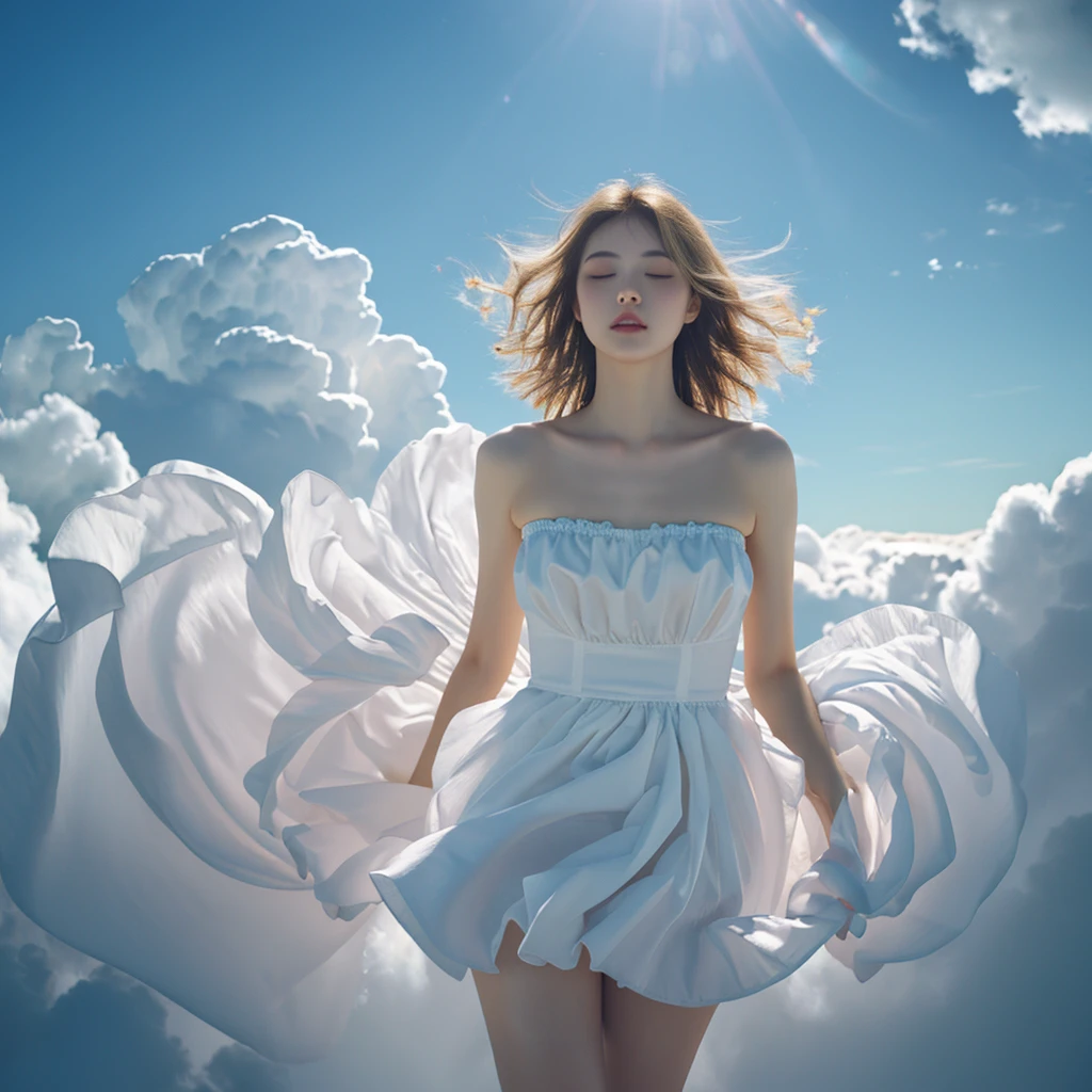 best quality, masterpiece, illustration, realistic, photo-realistic, amazing, finely detail, incredibly absurdres, huge filesize, ultra-detailed, highres, extremely detailed CG unity 8k wallpaper, nsfw, A woman with an angelic appearance is floating in the sky above the clouds. She is leaning back with her eyes closed, and her long, flowing blond hair is caught in the wind. She is wearing a simple, white, strapless minidress that accentuates her voluptuous curves.
