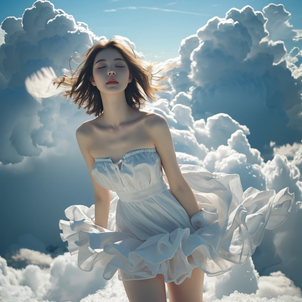 best quality, masterpiece, illustration, realistic, photo-realistic, amazing, finely detail, incredibly absurdres, huge filesize, ultra-detailed, highres, extremely detailed CG unity 8k wallpaper, nsfw, A woman with an angelic appearance is floating in the sky above the clouds. She is leaning back with her eyes closed, and her long, flowing blond hair is caught in the wind. She is wearing a simple, white, strapless minidress that accentuates her voluptuous curves.
