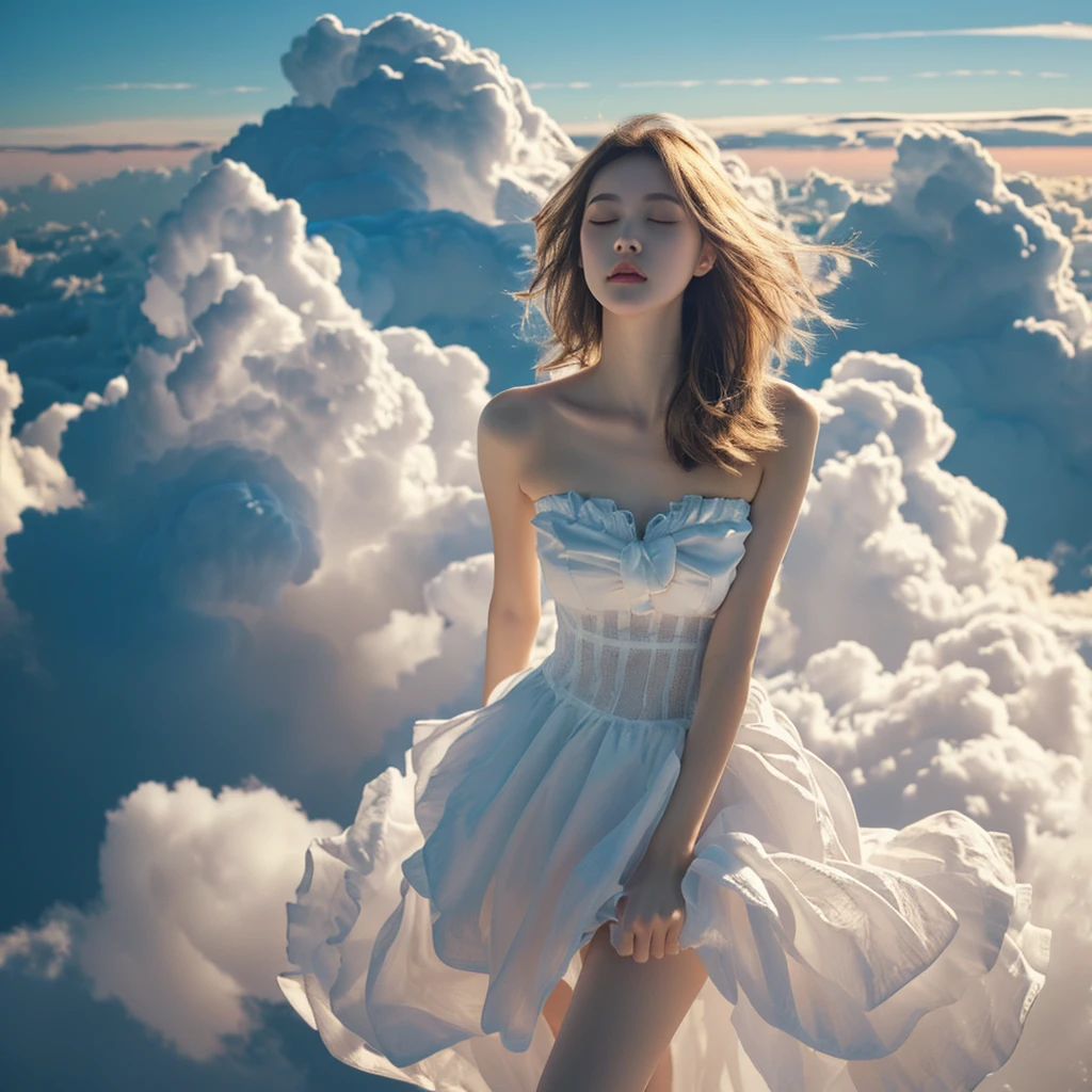 best quality, masterpiece, illustration, realistic, photo-realistic, amazing, finely detail, incredibly absurdres, huge filesize, ultra-detailed, highres, extremely detailed CG unity 8k wallpaper, nsfw, A woman with an angelic appearance is floating in the sky above the clouds. She is leaning back with her eyes closed, and her long, flowing blond hair is caught in the wind. She is wearing a simple, white, strapless minidress that accentuates her voluptuous curves.
