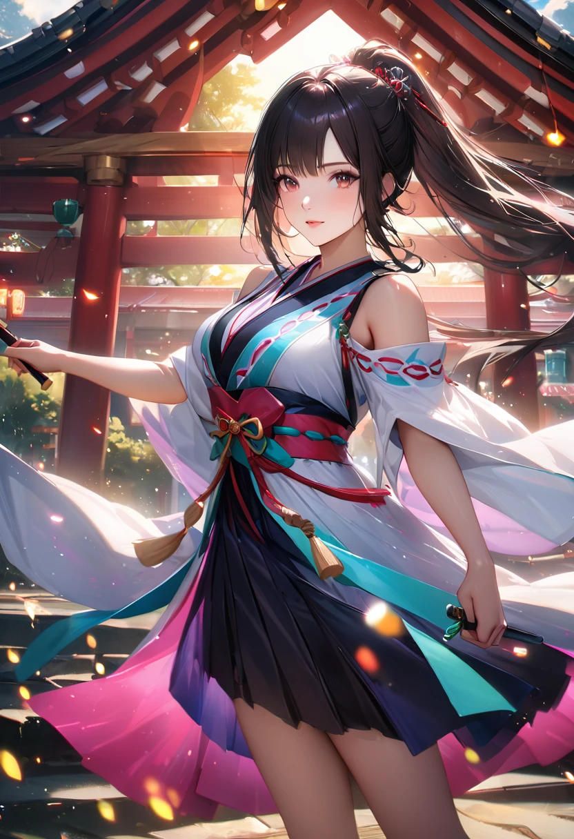 Shrine grounds, Clear sky with white clouds, Shrine maiden, Blur the background,young woman,ponytail,Holding a Japanese sword,Glitter effect,Highest quality, 8K, High resolution, masterpiece:1.2, Very detailed, Realistic:1.37, High resolution, 超High resolution, Ultra-fine painting, Very detailed, Professional, Vibrant colors