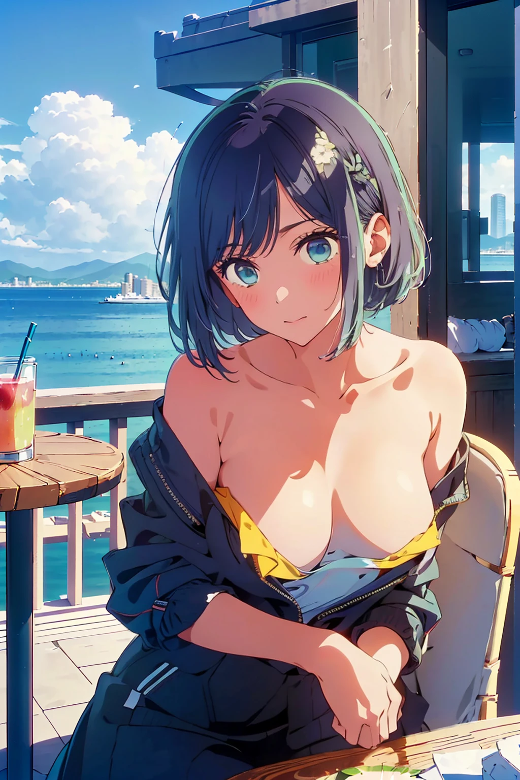 (Highest quality:1.4、8K:1.4、detailed)、F cup bust、Big Breasts、Slim body、Very white beautiful skin、((((1 person、Surprised expression、sit、Chair、In the background are the urban buildings of Tokyo、looking at the camera、Outdoor café terrace、Navy hair color、juice、table、Very cute face))))、Shooting up close、((((nude、Areola))))、(Pose with hair tucked behind ear with one hand:1.4、Cheek resting on hand:1.4)、Off-the-shoulder black blouson with zipper、Very blue sky、A completely cloudless sky