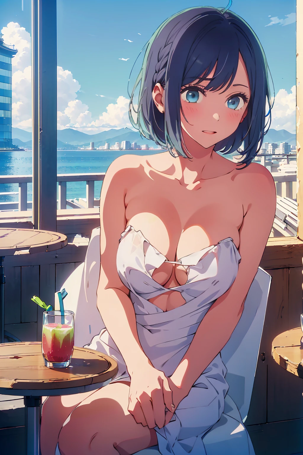 (Highest quality:1.4、8K:1.4、detailed)、F cup bust、Big Breasts、Slim body、Very white beautiful skin、((((1 person、Surprised expression、sit、Chair、In the background are the urban buildings of Tokyo、looking at the camera、Outdoor café terrace、Navy hair color、juice、table、Very cute face))))、Shooting up close、((((nude、Areola))))、(Pose with hair tucked behind ear with one hand:1.4、Cheek resting on hand:1.4)、Off-the-shoulder black blouson with zipper、Very blue sky、A completely cloudless sky