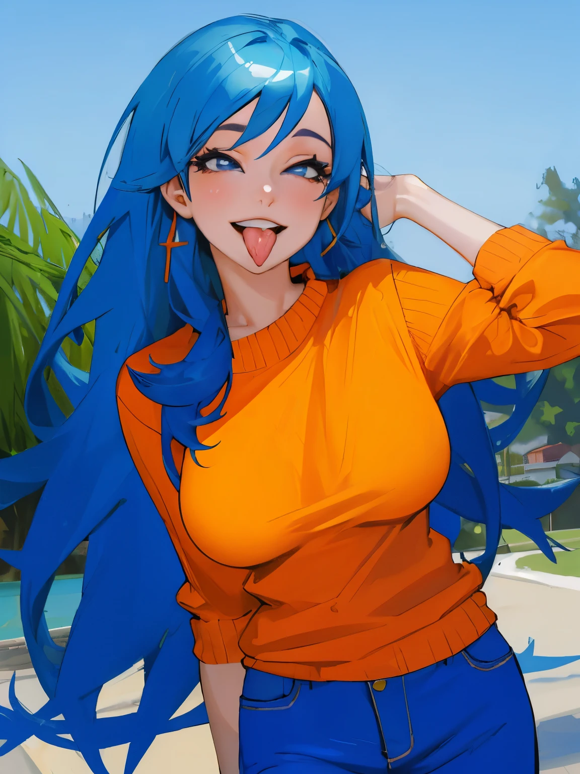 masterpiece, best quality,realistic,absurdres,1girl, bright blue hair, orange jumper, bright blue pants, outdoors, long hair, breasts, grin, tongue, ahg, ahegao, skinny,