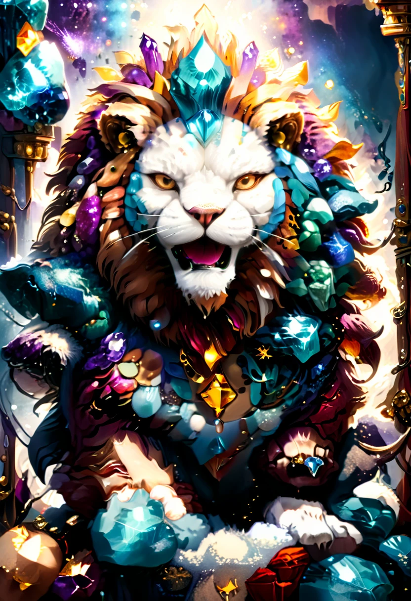 a picture of a massive epic throne, it has purple silk cushions, rubies, topaz, aquamarine gemstones, the throne is epic in its majestic, power, and royalty, symmetric with many  wood decorations and gem artwork, there is an epic lion resting ((at the base of the throne)) , behind the throne there are stars and nebulas of space a sense of high royalty, nobility and magic , (masterpiece: 1.4) a (portrait: 1.3) intense details, highly detailed, photorealistic, best quality, highres,16k, [ultra detailed], masterpiece, best quality, (extremely detailed), close up, ultra wide shot, photorealistic, RAW, fantasy art, dnd art, fantasy art, realistic art,((best quality)), ((masterpiece)), (detailed), RagingNebula, aetherpunkai, ral-ntrgmstn