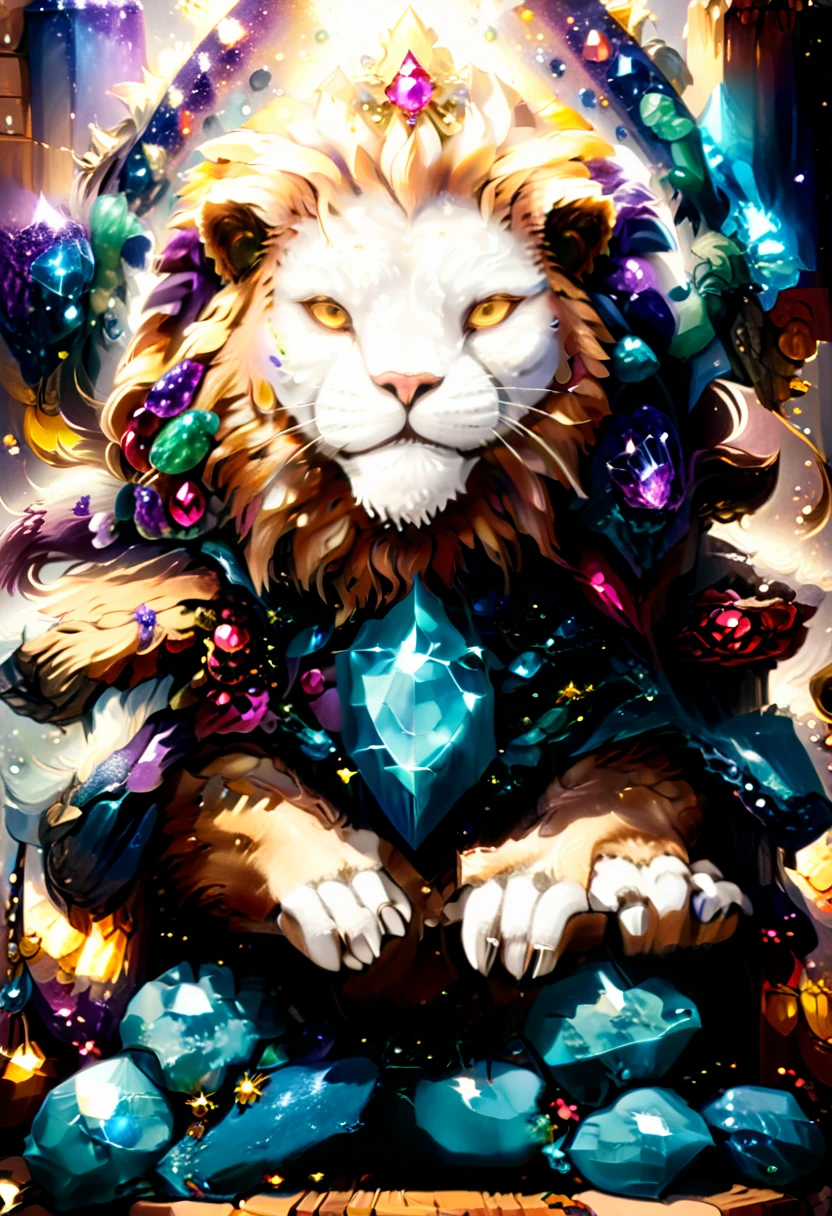 a picture of a massive epic throne, it has purple silk cushions, rubies, topaz, aquamarine gemstones, the throne is epic in its majestic, power, and royalty, symmetric with many  wood decorations and gem artwork, there is an epic lion resting ((at the base of the throne)) , behind the throne there are stars and nebulas of space a sense of high royalty, nobility and magic , (masterpiece: 1.4) a (portrait: 1.3) intense details, highly detailed, photorealistic, best quality, highres,16k, [ultra detailed], masterpiece, best quality, (extremely detailed), close up, ultra wide shot, photorealistic, RAW, fantasy art, dnd art, fantasy art, realistic art,((best quality)), ((masterpiece)), (detailed), RagingNebula, aetherpunkai, ral-ntrgmstn