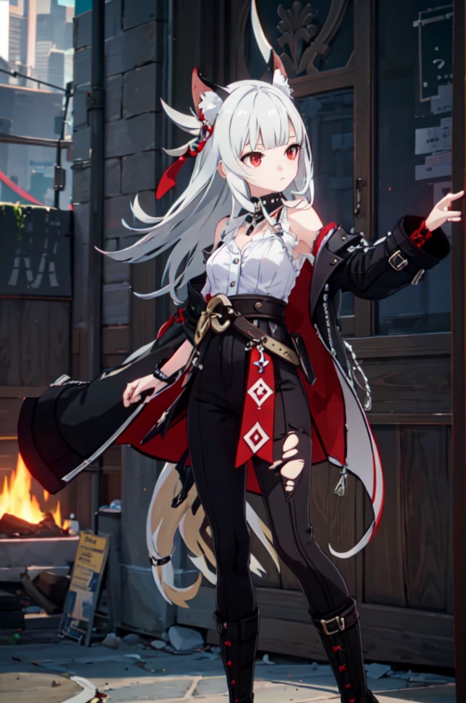 ultra detailed, masterpiece, best quality, solo, 1girl, red eyes, (tsurime:1.2), blunt bangs, white hair, long hair, straight hair, shoulder-length hair, female focus, coat, shirt, pants, studded belt, multiple belts, combat boots, torn clothes, necklace, black cape, black and red theme, popped collar, puppy ears, dog tail