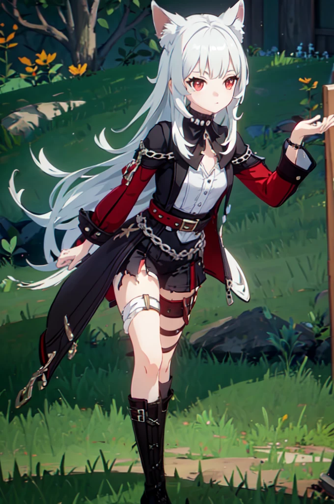 ultra detailed, masterpiece, best quality, solo, 1girl, red eyes, (tsurime:1.2), blunt bangs, white hair, long hair, straight hair, shoulder-length hair, female focus, coat, shirt, pants, studded belt, multiple belts, combat boots, torn clothes, necklace, black cape, black and red theme, popped collar, puppy ears, dog tail