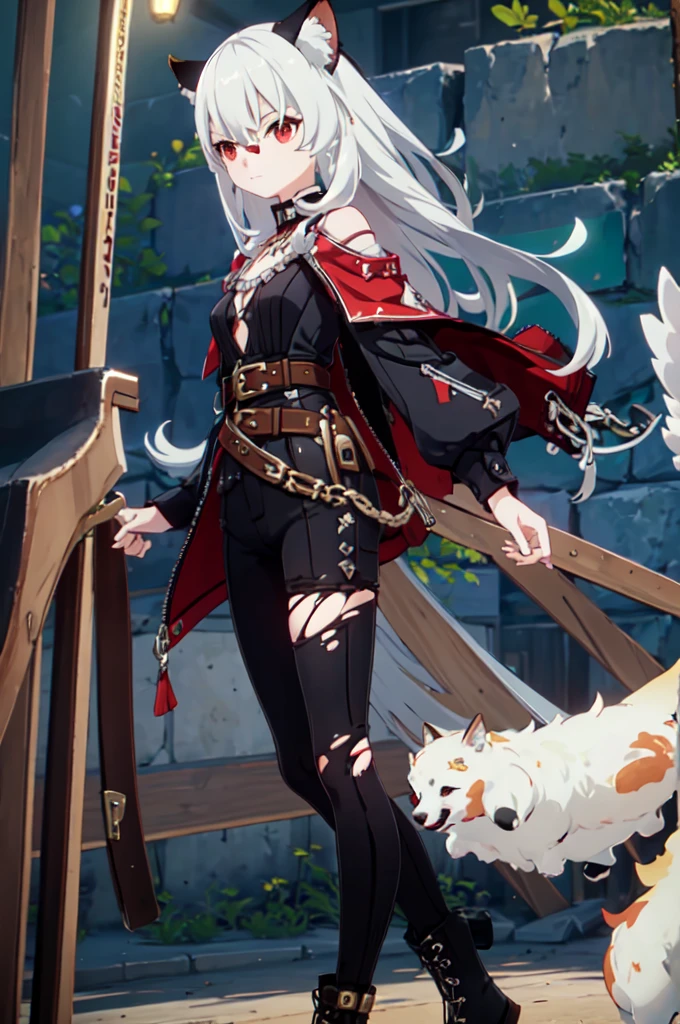 ultra detailed, masterpiece, best quality, solo, 1girl, red eyes, (tsurime:1.2), blunt bangs, white hair, long hair, straight hair, shoulder-length hair, female focus, coat, shirt, pants, studded belt, multiple belts, combat boots, torn clothes, necklace, black cape, black and red theme, popped collar, puppy ears, dog tail