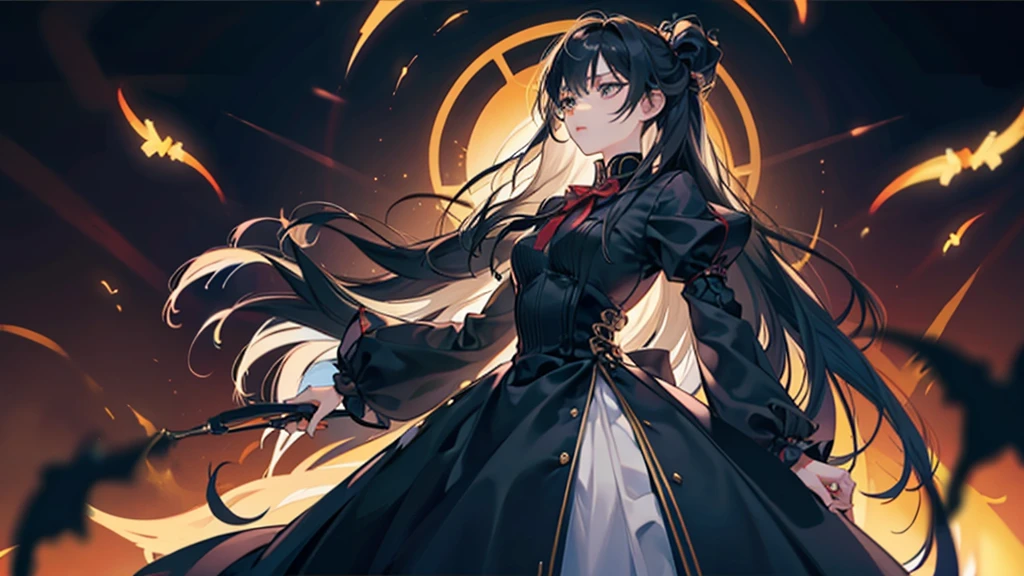 The image depicts a silhouette of a girl with long hair. She is standing with her arms slightly bent at the elbows, and her attire gives off a mysterious and elegant vibe. The lighting creates a strong contrast, making her figure appear dark against a bright background. Her long hair flows down, blending into the dark tones of her outfit, which seems to be form-fitting and styled in a way that accentuates her slender build. The overall scene evokes a sense of enigma and grace.