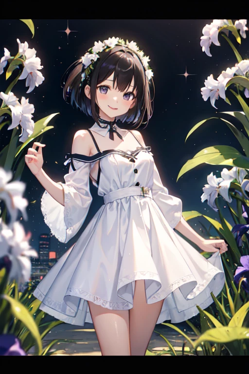 Black Hair、Iris、short hair、girl、White dress、skirt、smile、、