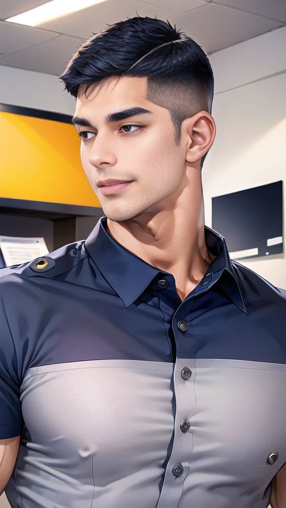 handsome man,(crew cut short hair:1.6),black eye,smile,open mouth, (navy police uniform outsite :1.5),(shirt short sleeves:1.5),collar,(shirt covered over:1.2),(shirt no buttons:1.1),(black_gloves:1.3), (Navy blue cargo:1.2),Korean guy,korean men,(High gloss details),(chest muscles:1.2),(large arm muscles:1.2),blood vessel,Big muscles,Broad shoulders,looking at the audience,Balancing the eyes (in office:1.5),