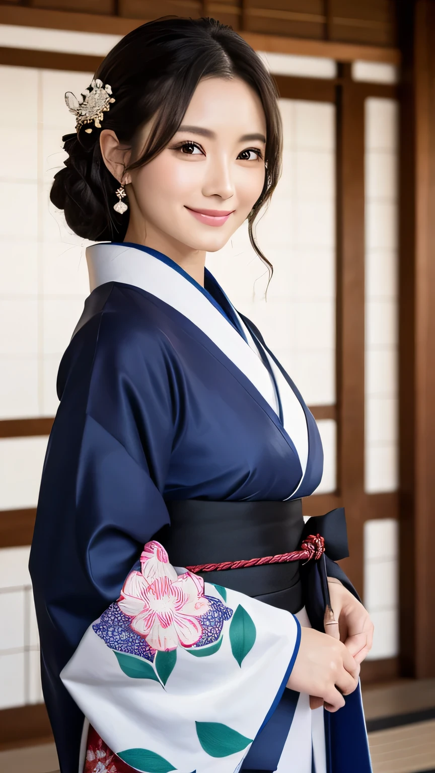 (Super beautiful woman in kimono)、((highest quality、8K masterpiece:1.3))、sharp focus:1.2、(super beautiful face:1.0)、(shiny skin:1.0)、realistic pictures、black hair、video lighting、High resolution eyes and face、video lighting、japanese actress、from the front、with a happy smile、whole body、wearing a kimono、in Kyoto、(luxury obi)、Brush hair up with fingers.