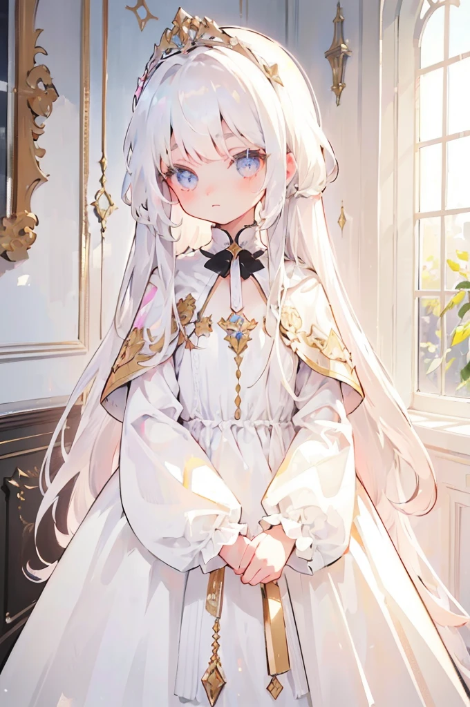 8K, (Tabletop), (High resolution), (dramatic), (Natural light), (small), 1 Girl, young, Baby Face, Flat Chest, , Gray Hair, Long Hair, (Straight Hair Skin)), Beautiful Hair, White clothes, dress, Long bangs, ((Cape)), White Skirt, (uniform)
