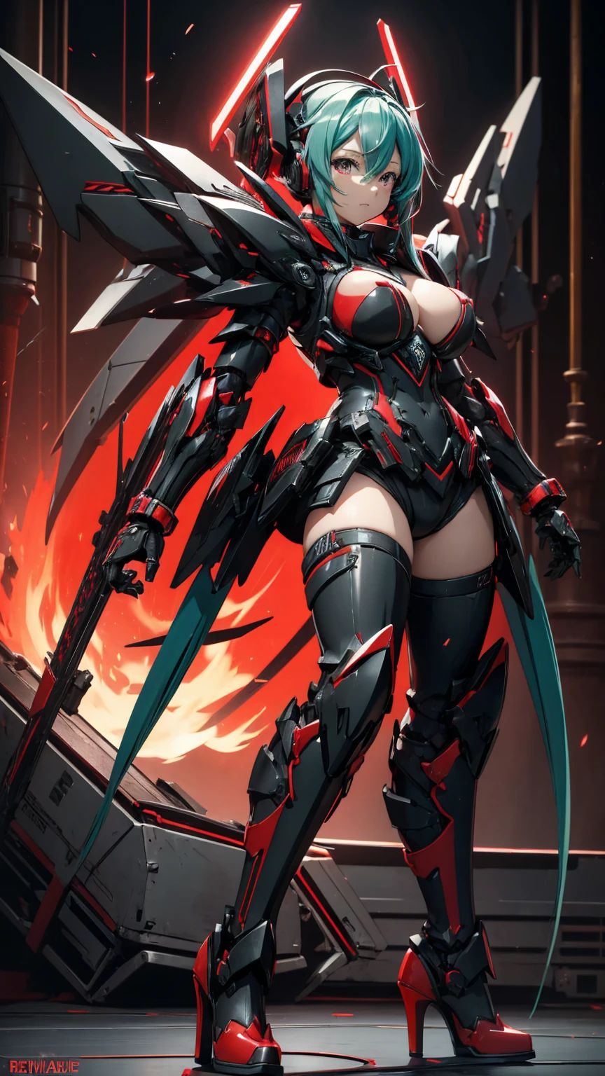Tabletop, Hatsune Miku VOCALOID, ((Red and black body armor)), ((Big Breasts)), High heels, Heavy equipment,