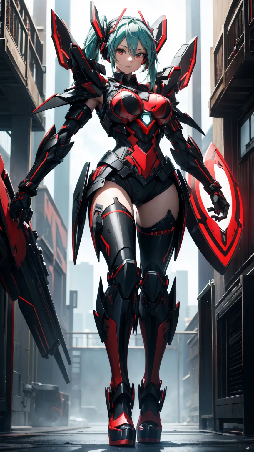 Tabletop, Hatsune Miku VOCALOID, ((Red and black body armor)), ((Big Breasts)), High heels, Heavy equipment,