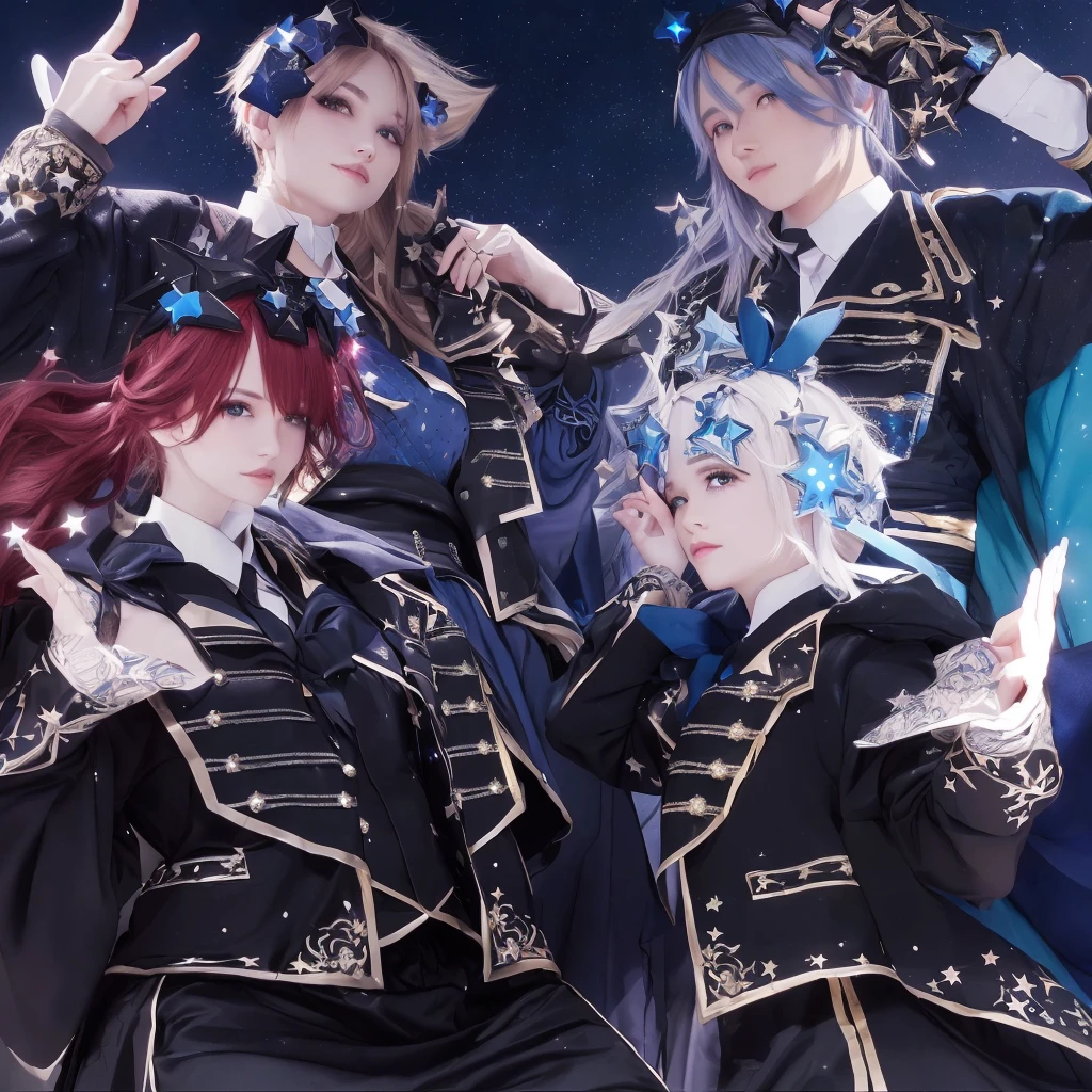 characters dressed in black and blue posing for a picture, starry sky!!