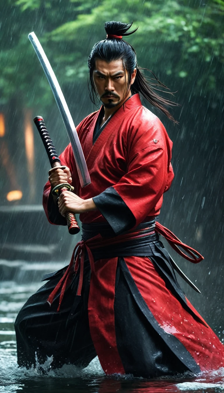 best quality,Ultra-fine,warrior samurai in water ,Air,One hand holding a katana,Face mask,fighting,Dodge,avoid,lifelike,photorealism:1.37),bright colors,clear focus,Defocused,(fantasy:1.2),(mystical landscapes),(dynamic poses:1.37),(intense gaze),(Extraordinary power),(the power of myth),black and red,rainy day,Wounds on the body,splash, (clothes, pants and shoes like a futuristic samurai), mature male, /(long black hair tied up/) bangs, cool expression, (serious look:0.5), dignified, (masterpiece best quality:1.2) delicate illustration ultra-detailed, (holding (katana sword:1.2)), (blade shimmering), (holding sword sheath) BREAK