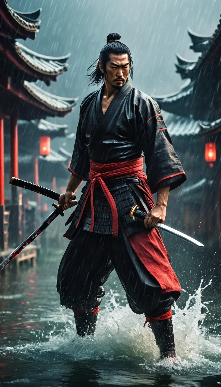 best quality，Ultra-fine，warrior samurai in water ，Air，One hand holding a katana，Face mask，fighting，Dodge，avoid，lifelike，photorealism：1.37），bright colors，clear focus，Defocused，（fantasy：1.2），（mystical landscapes），（dynamic poses：1.37），（intense gaze），（Extraordinary power），（the power of myth），black and red，rainy day，Wounds on the body，splash, (clothes, pants and shoes like a futuristic samurai), mature male, /(long black hair tied up/) bangs, cool expression, (serious look:0.5), dignified, (masterpiece best quality:1.2) delicate illustration ultra-detailed, (holding (katana sword:1.2)), (blade shimmering), (holding sword sheath) BREAK