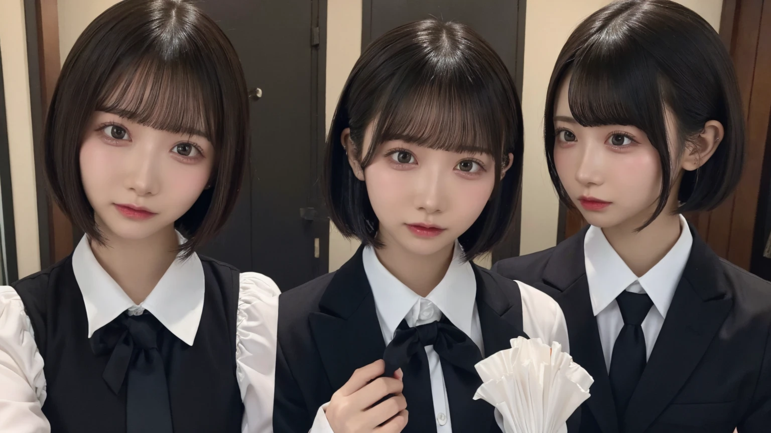 18-year-old、Ultra HD、Ultra-high resolution、Realistic、Sweaty skin、Bob Hair Frilled shirt、Bob Hair、suit、黒いビジネスsuit、recruit-suit、bob-hair、