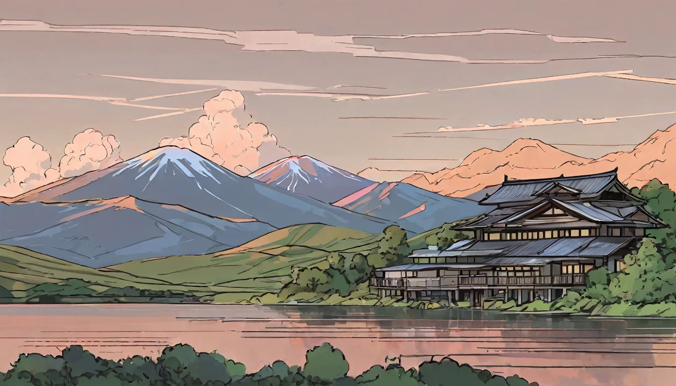 line art, aesthetic art, evening, sunset, clouds, old structured Japanese house, in the valley, surrounded by big mountains, house on riverbanks, green trees, bushes, sunset