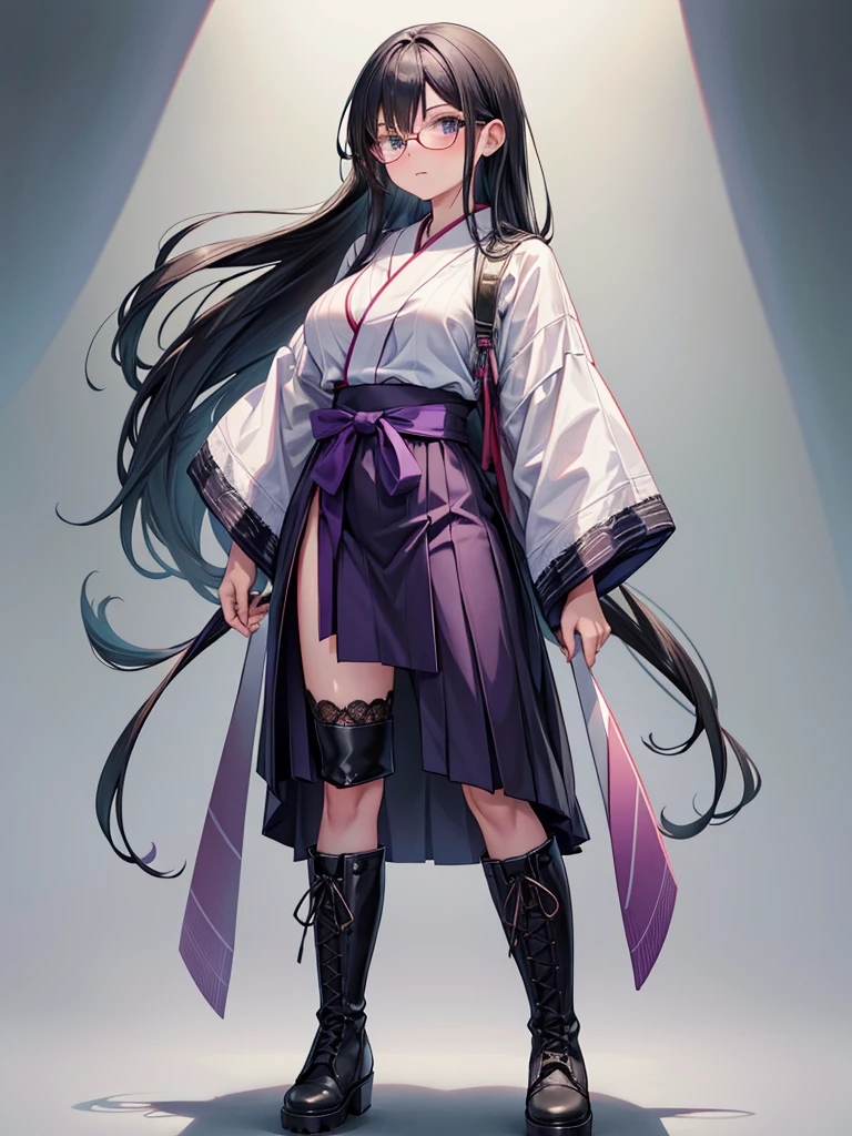 Two-dimensional beautiful girl, knitted long black hair, wearing glasses, breasts are not swollen a little, slightly bulging, upper part is purple and white arrow pattern, bottom is dark green hakama, lace-up boots I'm wearing
