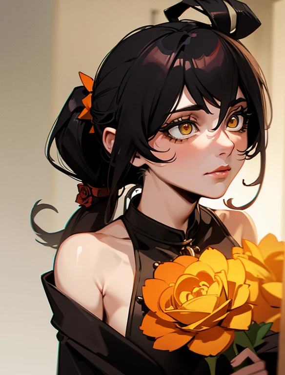 i, yellow_Pupils, +_+, black_Poetry, high_pony tail, red_rose_Poetry_decor, Tafah, Best quality, Very detailed, clarification, Single, 1girl