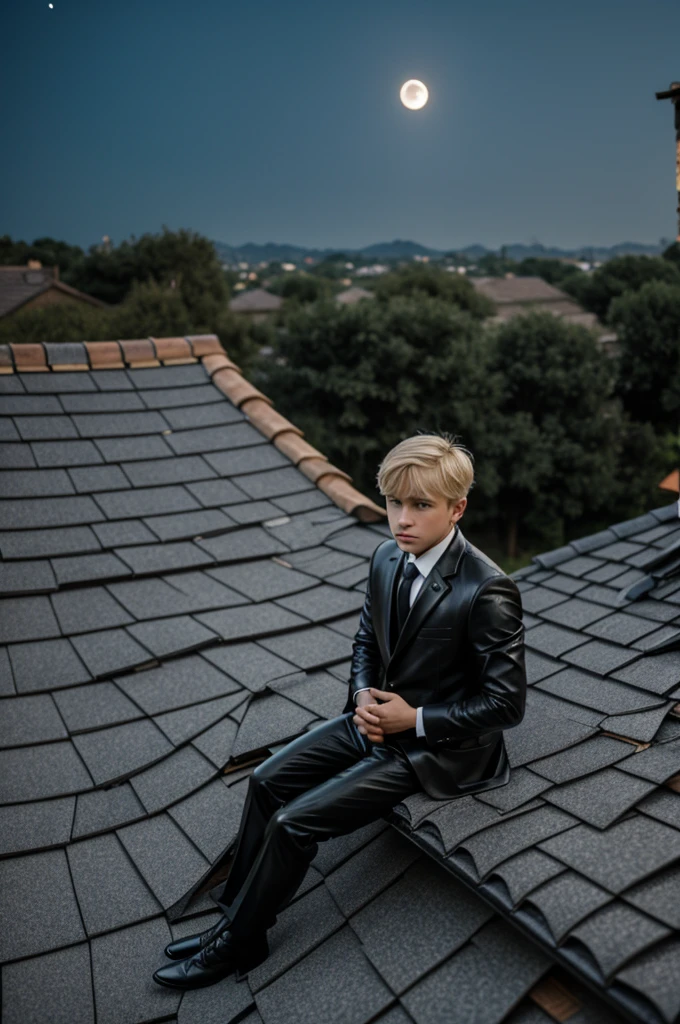 Blond boy in black leather suit sitting on the tiled roof of an old house, To the light of the Moon
