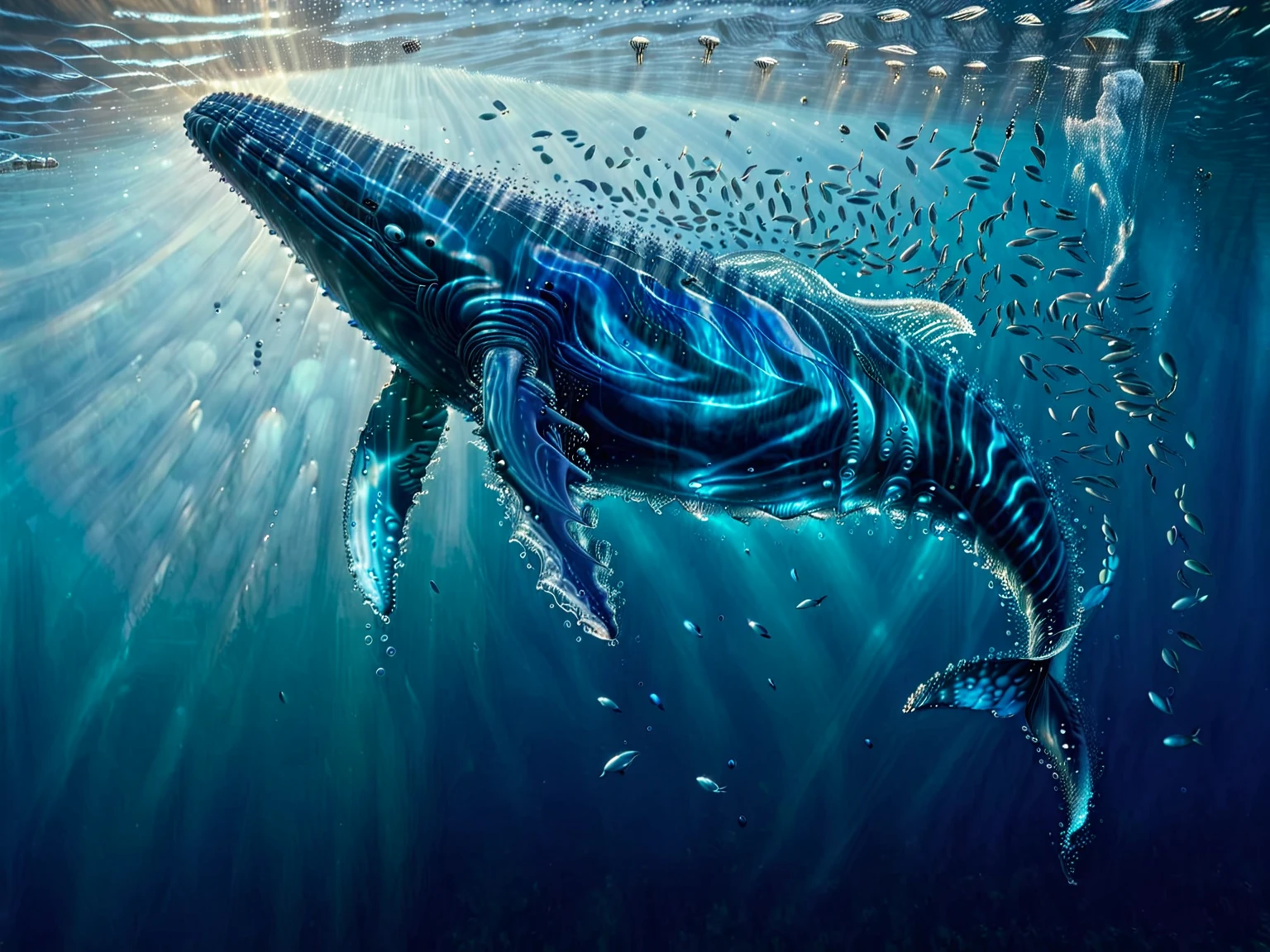 It depicts an underwater scene of a large whale surrounded by a school of small fish.。The whale is positioned vertically into the water.、The tail is at the bottom of the image、Head facing up towards the water surface。The surrounding water is colored in various tones of blue.、It gives a sense of depth and serenity.。I see a ray of light from above、Water surface is nearby