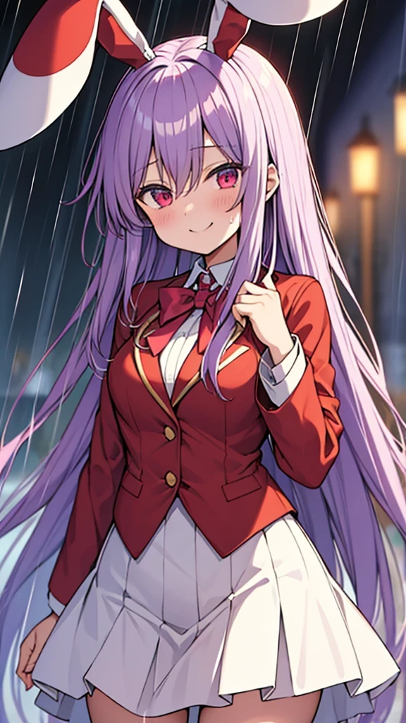 reisen₋udongein₋inaba Light purple long hair Red eyes Red jacket Red blazer White rabbit ears White tie White skirt Smiling Wet in the rain Top quality Masterpiece