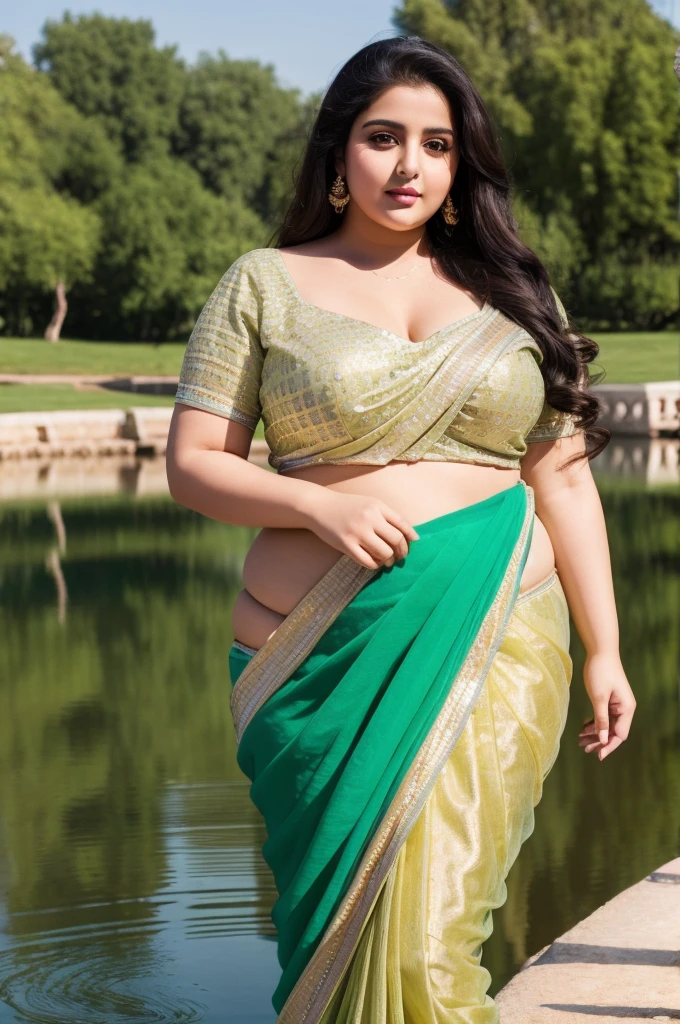 1 Heavenly beautiful and goddess beauty cute and sweet looking face Arabian woman in front of village pond, Heavenly beautiful Overweight, Heavenly beautiful Extremely fat, Heavenly beautiful and attractive Chubby figure , Heavenly beautiful looking and eye catching luxury style saree , reaching out, Heavenly beautiful Arabian woman, 16k, High resolution, masterpiece, highest quality, fine skin, close up figure view, Realistic Photograph
