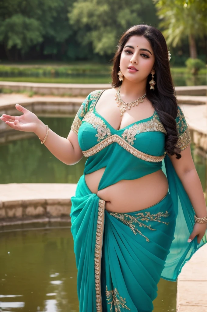 1 Heavenly beautiful and goddess beauty cute and sweet looking face Arabian woman in front of village pond, Heavenly beautiful Overweight, Heavenly beautiful Extremely fat, Heavenly beautiful and attractive Chubby figure , Heavenly beautiful looking and eye catching luxury style saree , reaching out, Heavenly beautiful Arabian woman, 16k, High resolution, masterpiece, highest quality, fine skin, close up figure view, Realistic Photograph