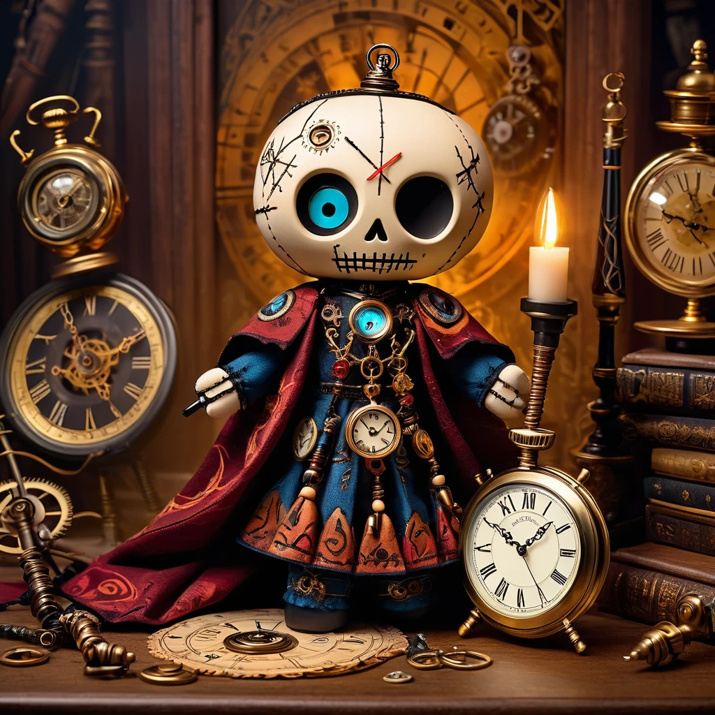 (knitted toy voodoo doll:1.7), (Voodoo Time Keeper:1.3), (Clothing: flowing robes with clockwork patterns, cape adorned with gears and cogs:1.0), (Accessories: hourglass staff, pocket watch with glowing numbers, floating clock:1.2), (background: timeless realm with floating clocks, glowing time streams, and ancient hourglasses:1.2), best quality, masterpiece, detailed soft oil painting, detailed background, dramatic cinematic lighting, soft edge lighting, professional, dramatic lighting, hard edge lighting, ultra quality, 4k, masterpiece, best quality, 8k, ultra high definition, high resolution, extremely detailed
