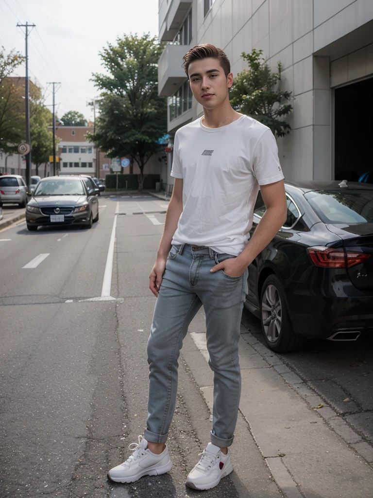 (One Caucasian young man:1.2), short curly hair, full body shoot, (near parking:1.5), (((realistic)))), photorealistic, hyper-realistic, candid pose, slight smile, wearing casual clothes