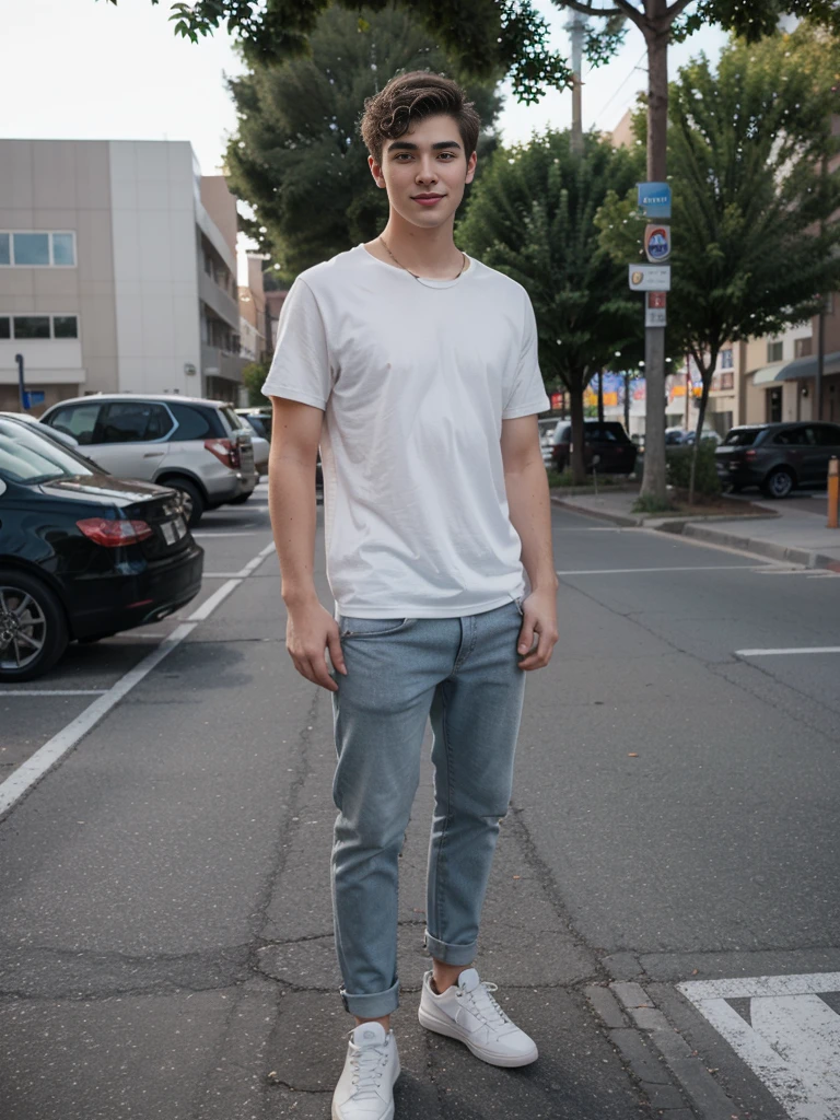 (One Caucasian young man:1.2), short curly hair, full body shoot, (near parking:1.5), (((realistic)))), photorealistic, hyper-realistic, candid pose, slight smile, wearing casual clothes