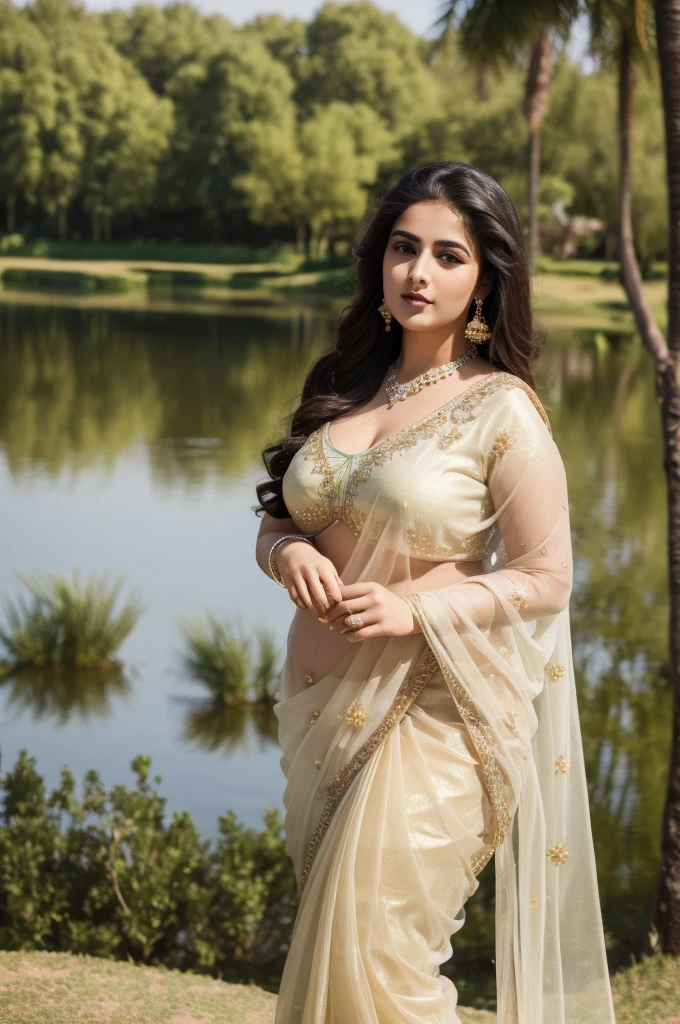 1 Heavenly beautiful and goddess beauty cute and sweet looking face Arabian woman in front of village pond, Heavenly beautiful Overweight, Heavenly beautiful Extremely fat, Heavenly beautiful and attractive Chubby figure , Heavenly beautiful looking and eye catching luxury style saree , reaching out, Heavenly beautiful Arabian woman, 16k, High resolution, masterpiece, highest quality, fine skin, close up figure view, Realistic Photograph