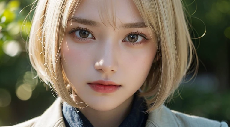 (Bob Cut Hair, Platinum Blonde Hair:1.2),(Wear a blazer:1.2),1 girl,Japanese,21 years old,(Small breasts:1.3),(Highest quality,masterpiece:1.3,超A high resolution,),(Ultra-detailed,Caustics),(Photorealistic:1.4,RAW shooting,)Ultra-Realistic Capture,Very detailed,High resolution 16K human skin close-up。 Natural skin texture、,Pores、、It needs to be detailed enough to be easily identifiable。 Skin should be even-toned and healthy looking。 Use natural light and colour, Sad expression, Looking at the camera, Perfect dynamic composition, Outdoor
