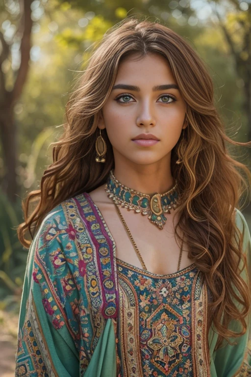 1girl in, age19, Solo, Aesthetic artwork, a beautiful Algerian Berber Kabyle model, wavy redhead hair, shoulder length hair, beautiful Kabyle face, blue-grey eyes, fair skin, thin face, runners body, wearing a traditional Algerian Kabyle dress, (textured skin, skin pores:1.1), goosebumps, seductive pose, (outdoor:1.1), standing in Gouraya National Park in the background, sunny, natural light, Nikon Z8 + NIKKOR Z 24-120 mm f/4 S