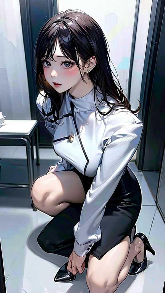 Blowjob、Office lady、Tailored Suits、Pencil Skirt、High heels、Lower body of man in front of female face、A woman is sitting sideways、On my knees、Kneeling posture、