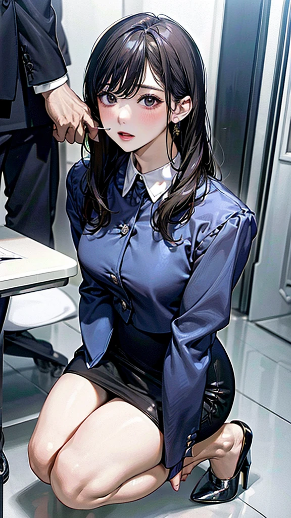 Blowjob、Office lady、Tailored Suits、Pencil Skirt、High heels、Lower body of man in front of female face、A woman is sitting sideways、On my knees、Kneeling posture、