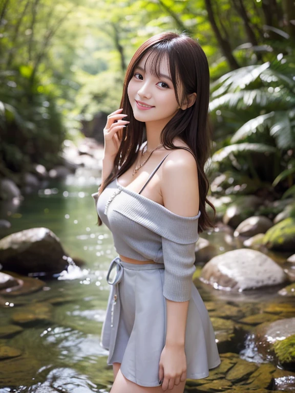 Photo-realistic quality、A 20-year-old female idol taking a photo wearing a thin light gray-blue mini dress, Narrow waist, Beautiful Japanese Model、 Slightly larger breasts、Cleavage、Wearing a necklace、Full body image, Detailed Images, Flared mini skirt、Beautiful slim legs extending from the skirt、off-the-shoulder tops, Detailed and beautiful eyes、Cute smile、A soft and gentle look、looking at the camera、In the background is a stream in the forest、Large blurred background