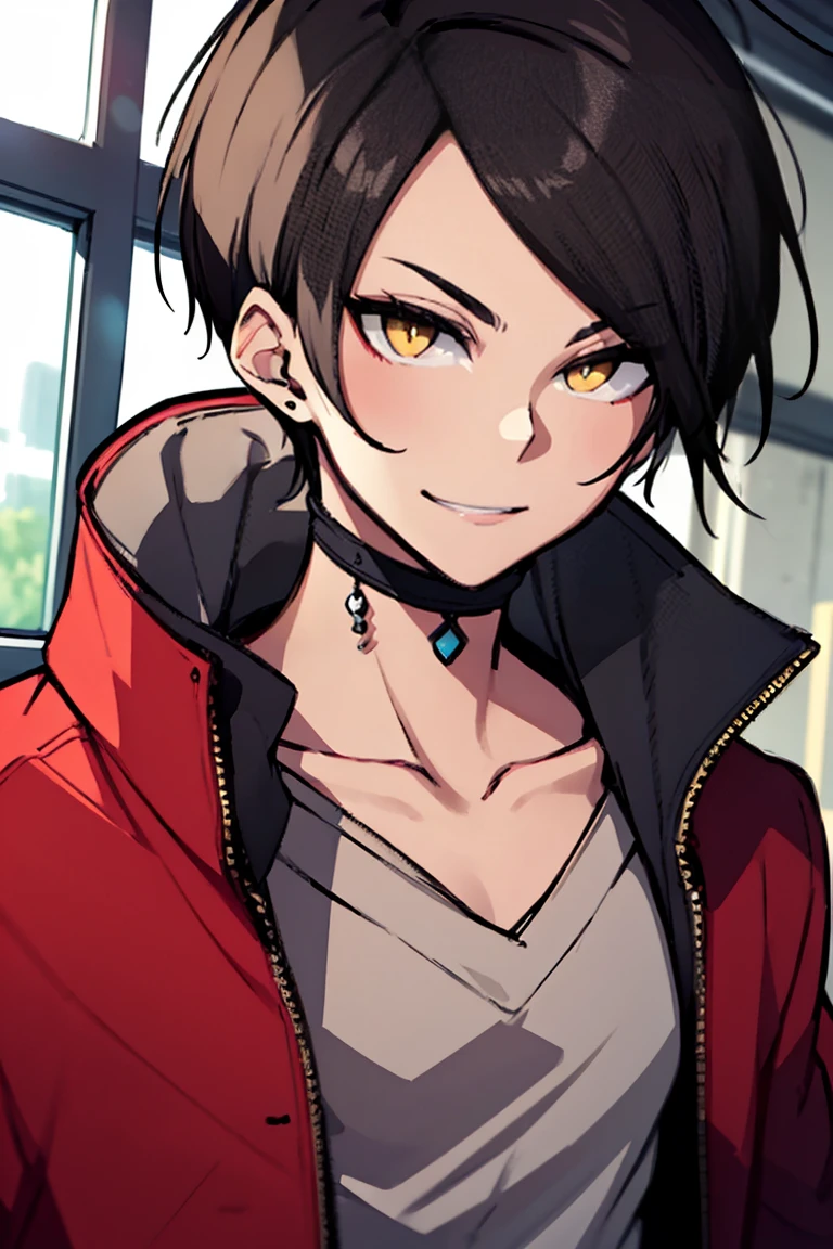 (masterpiece, best quality:1.2), hui xiyi,1boy,hair between eyes,looking at viewer,sash,short hair,solo,yellow eyes,rekkyo sensen,forehead,short eyebrow, red jacket, black underwear