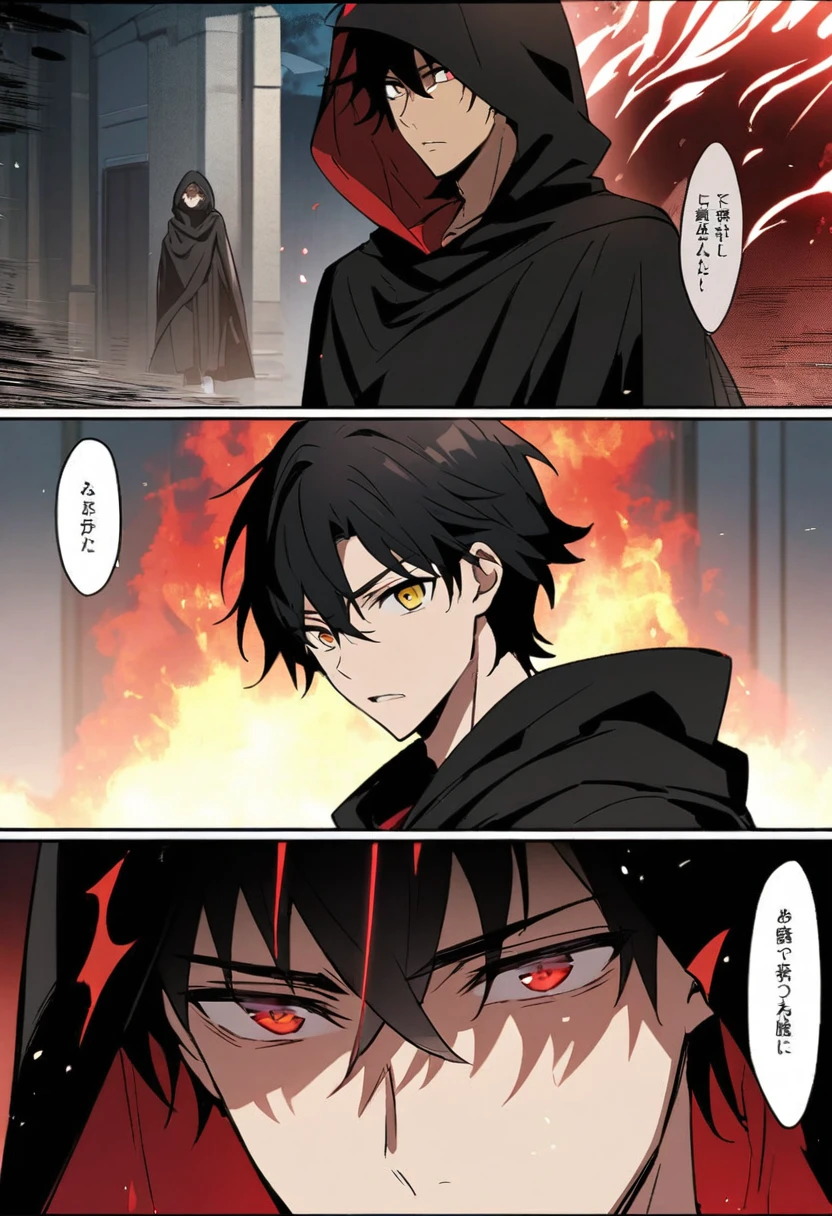 anime comic, a teenage boy character with black hair, crimson eyes. he wore a black cloak with a hood covering his head. he had a dangerous power, a blood red aura around him. he met a black haired man in a black hood too and the man had bright golden eyes.