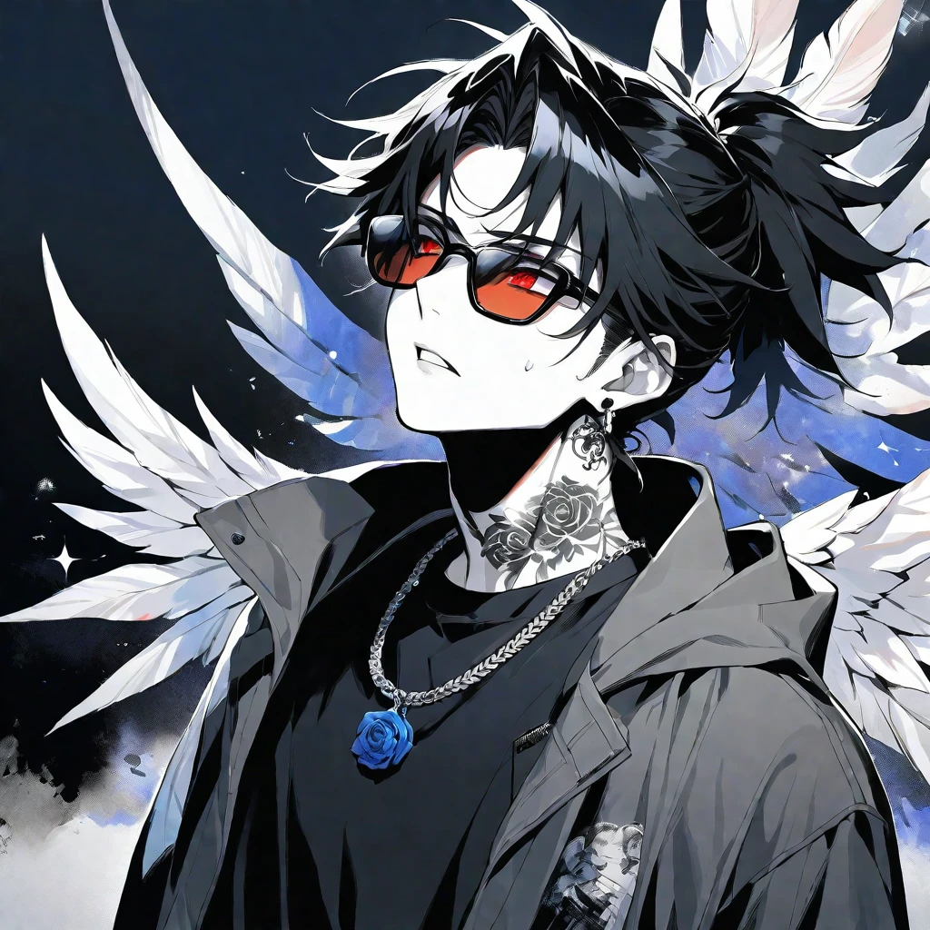 Solo,handsome, monochrome,watercolor,1 male, Ponytail, Braided black hair, red eyes, Gojo Satoru,Angel feather,ピアス,necklace
,casual,Blue Rose Tattoo,black Oversized court,Stylish,cool,Wear sunglasses around your neck,Void,look up,
blackbackground,İcon,Despise face up