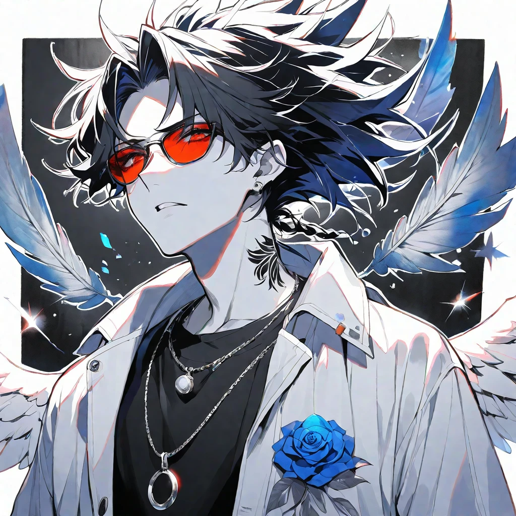 Solo,handsome, monochrome,watercolor,1 male, Ponytail, Braided black hair, red eyes, Gojo Satoru,Angel feather,ピアス,necklace
,casual,Blue Rose Tattoo,black Oversized court,Stylish,cool,Wear sunglasses around your neck,Void,look up,
blackbackground,İcon,Despise face up