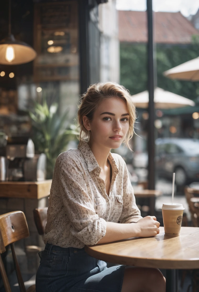 high quality dslr snapshot, high definition film grain photo taken at f/16, ISO 100, global illumination, cinematic photo of a woman sitting at a cafe. 35mm photograph, film, bokeh, professional, 4k, highly detailed